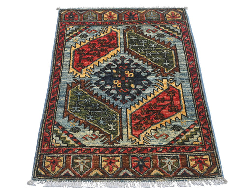 2x3 Blue Ersari Afghan Hand Knotted Veg Dye Wool Area Rug